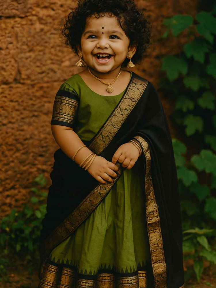 Image of Mehendi Green Premium Lichi Silk Brocade Kids Wear Wedding Festival Lehengas Girls Wear