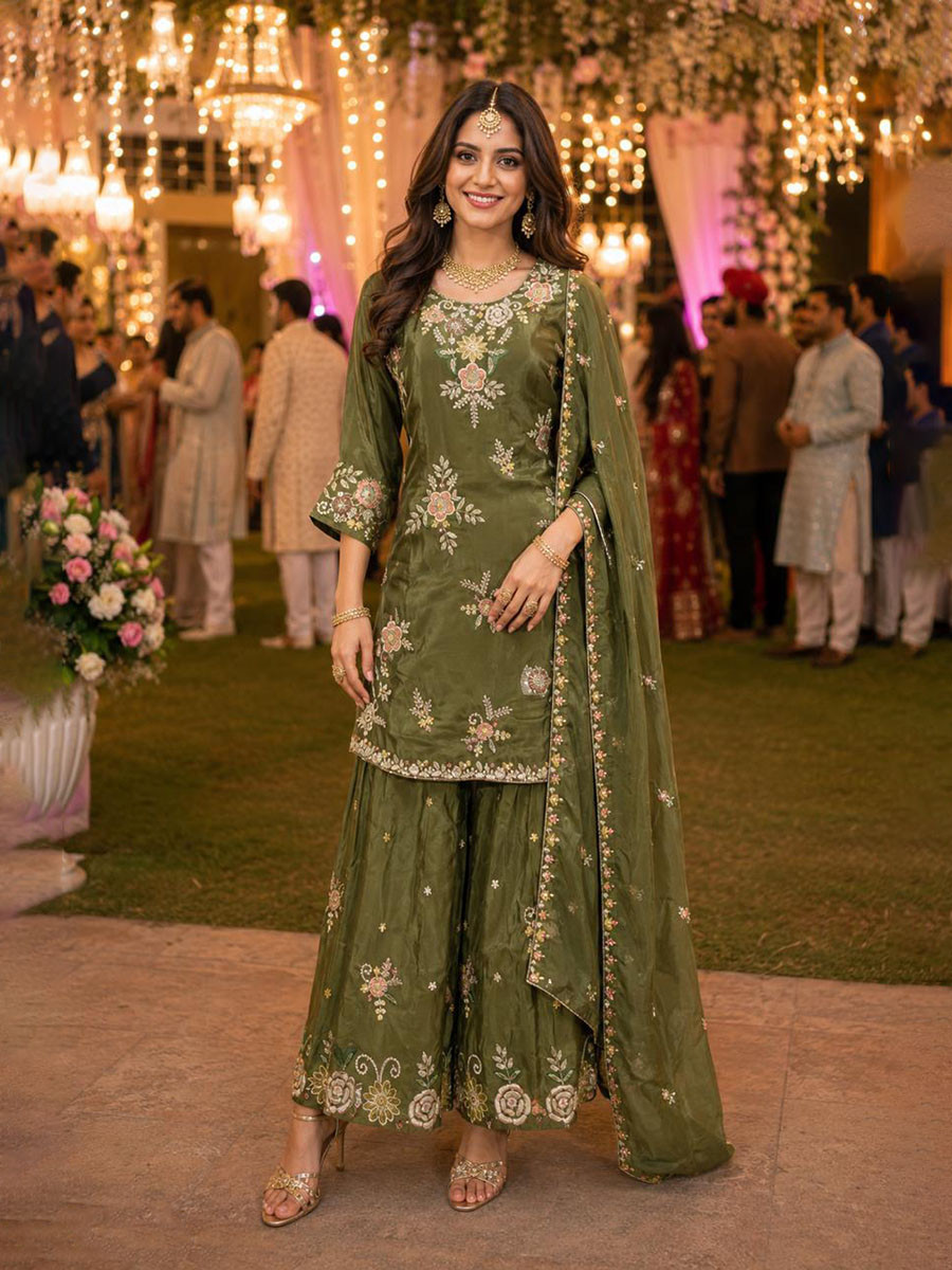 Mehendi Green Premium Real Viscous Crape Embroidery Handwork Wedding Party Festival Casual Ready Palazzo Pant Salwar Kameez