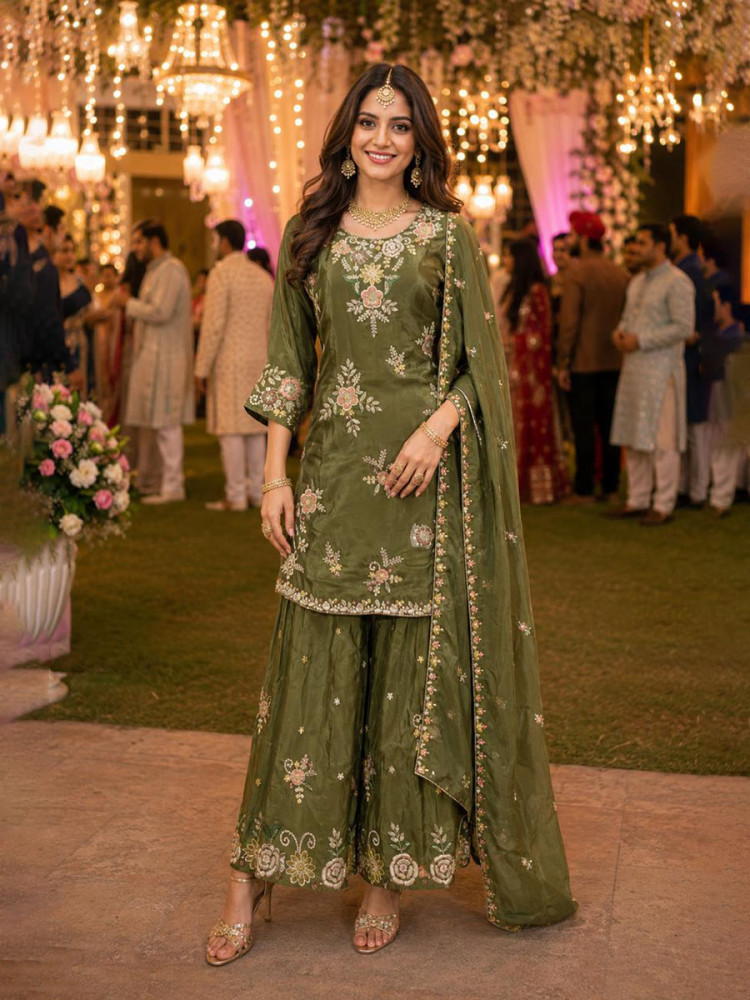 Image of Mehendi Green Premium Real Viscous Crape Embroidery Handwork Wedding Party Festival Casual Ready Palazzo Pant Salwar Kameez