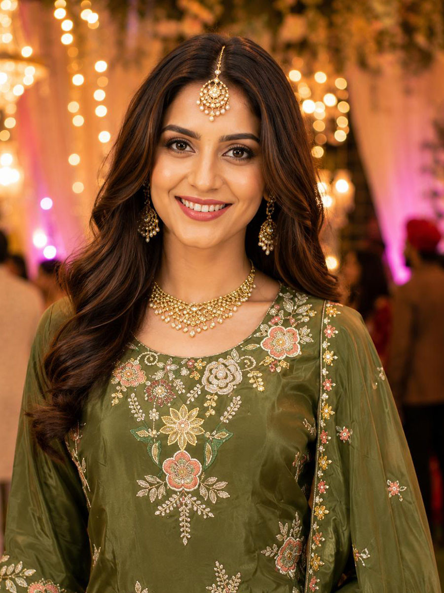 Mehendi Green Premium Real Viscous Crape Embroidery Handwork Wedding Party Festival Casual Ready Palazzo Pant Salwar Kameez