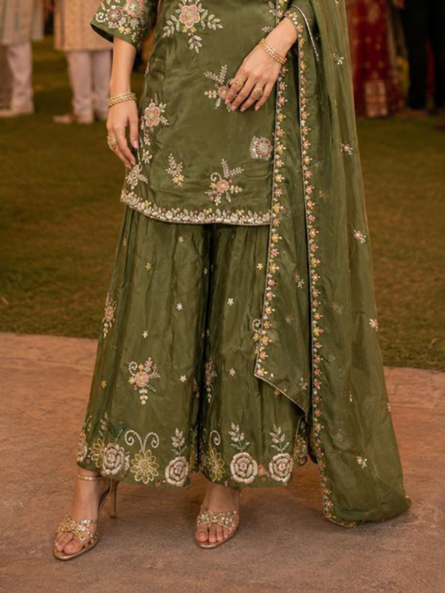 Mehendi Green Premium Real Viscous Crape Embroidery Handwork Wedding Party Festival Casual Ready Palazzo Pant Salwar Kameez