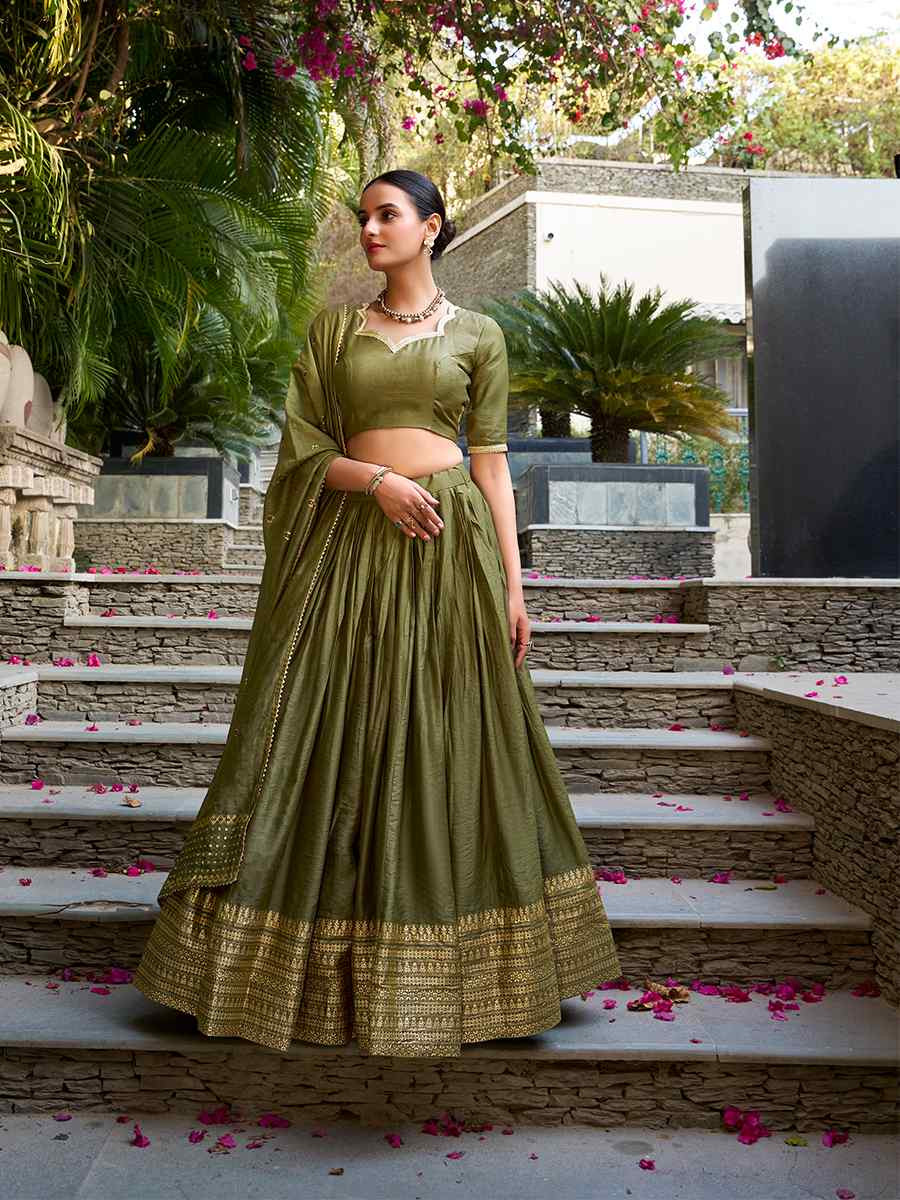 Mehendi Green Pure Chanderi Embroidered Wedding Bridesmaid Heavy Border Lehenga Choli
