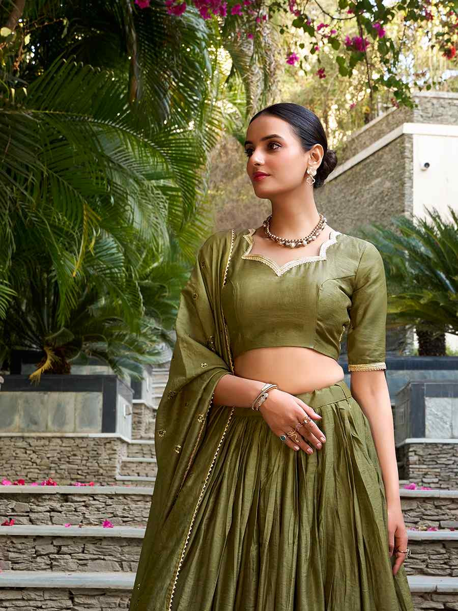 Mehendi Green Pure Chanderi Embroidered Wedding Bridesmaid Heavy Border Lehenga Choli