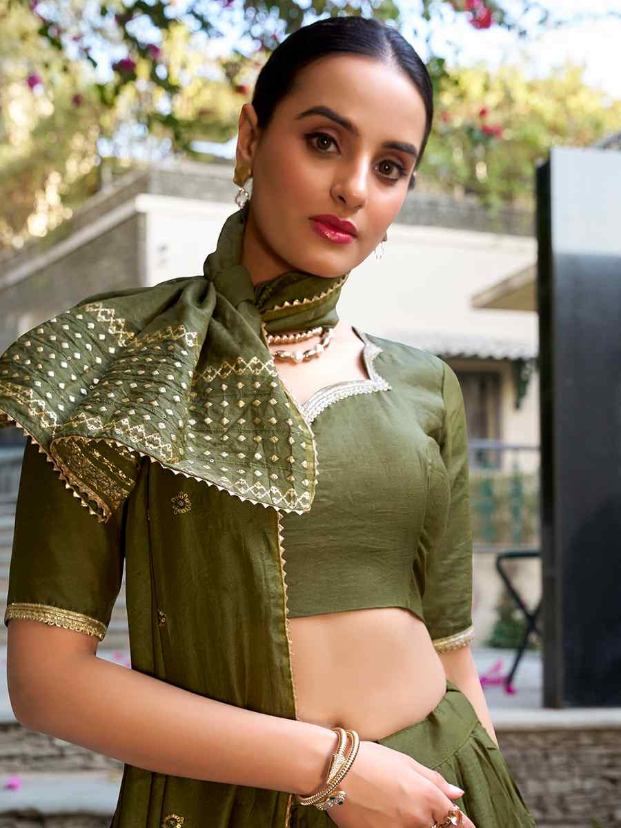 Mehendi Green Pure Chanderi Embroidered Wedding Bridesmaid Heavy Border Lehenga Choli