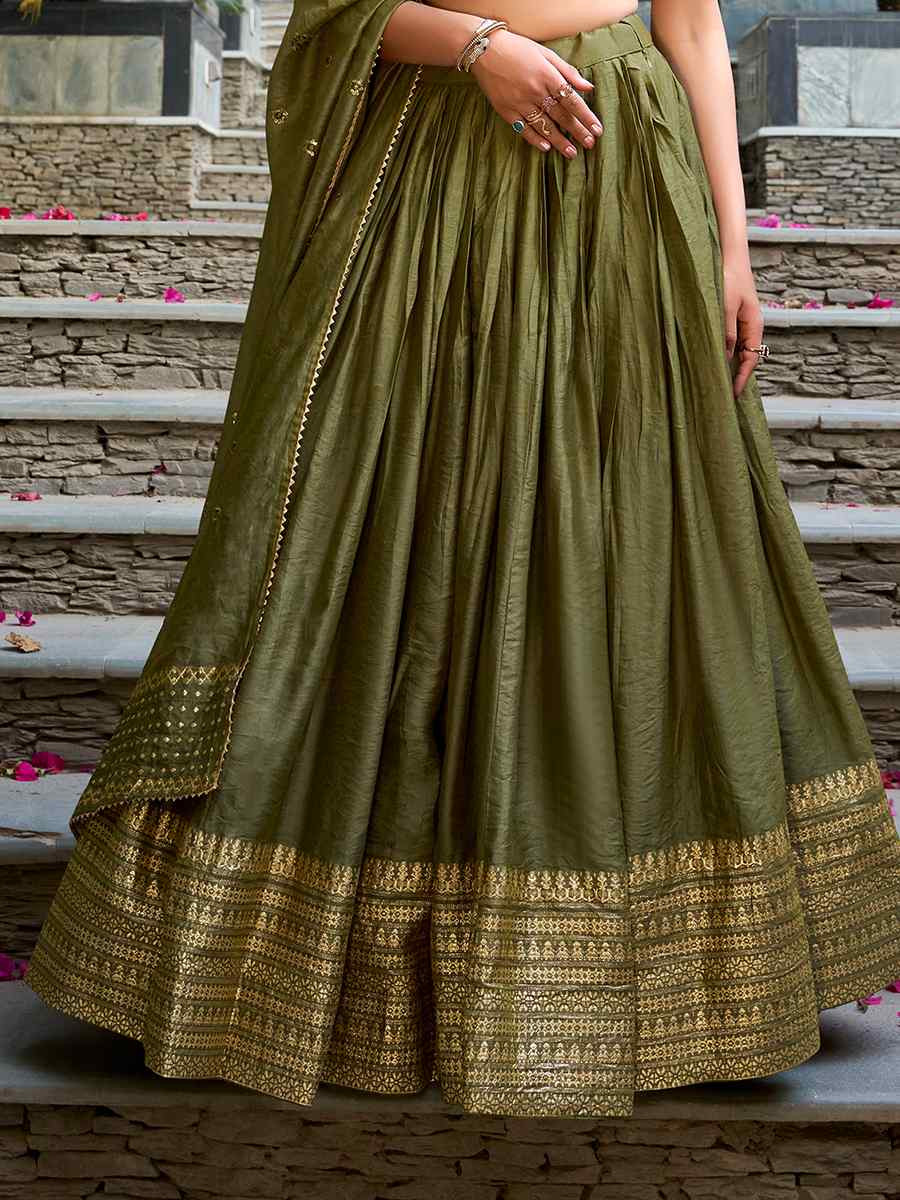 Mehendi Green Pure Chanderi Embroidered Wedding Bridesmaid Heavy Border Lehenga Choli