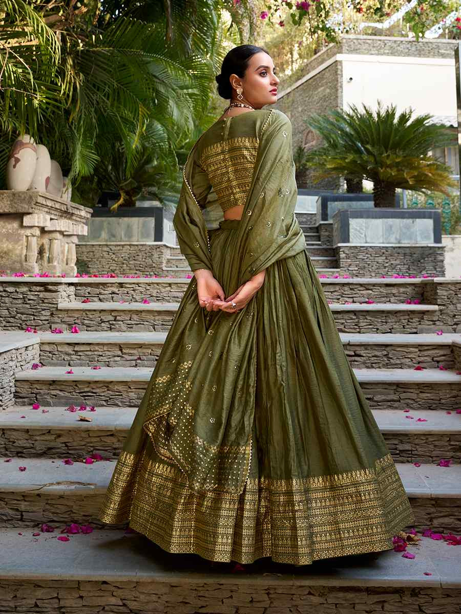 Mehendi Green Pure Chanderi Embroidered Wedding Bridesmaid Heavy Border Lehenga Choli