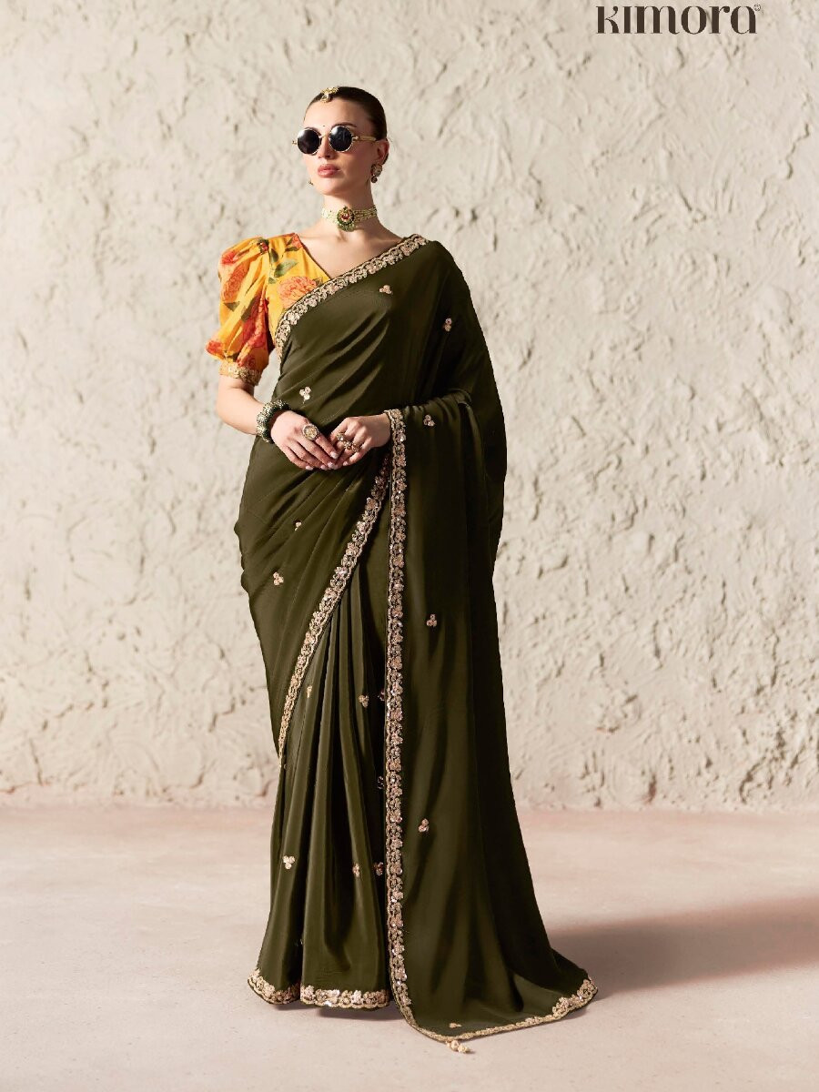 Mehendi Green Pure Fancy Tissue Silk Zari Sequins Wedding Reception Party Festival Heavy Border Sarees