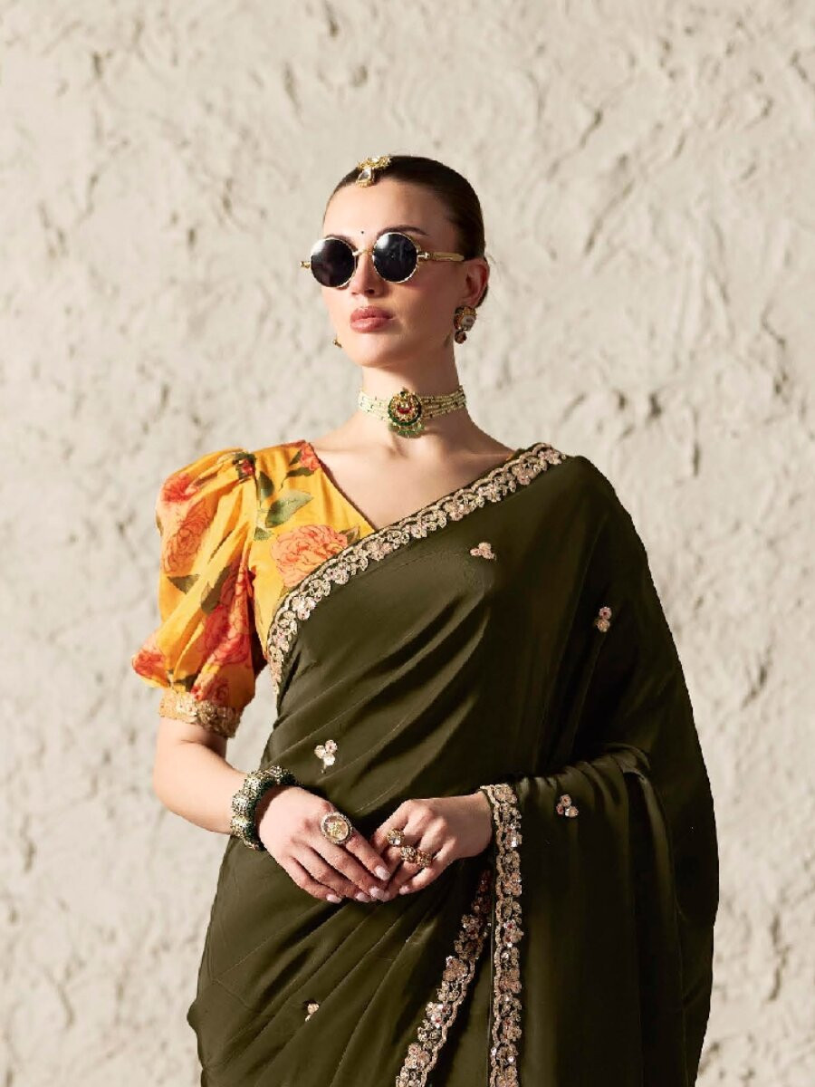 Mehendi Green Pure Fancy Tissue Silk Zari Sequins Wedding Reception Party Festival Heavy Border Sarees