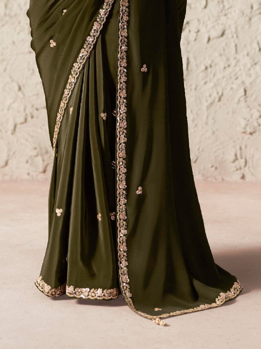 Mehendi Green Pure Fancy Tissue Silk Zari Sequins Wedding Reception Party Festival Heavy Border Sarees
