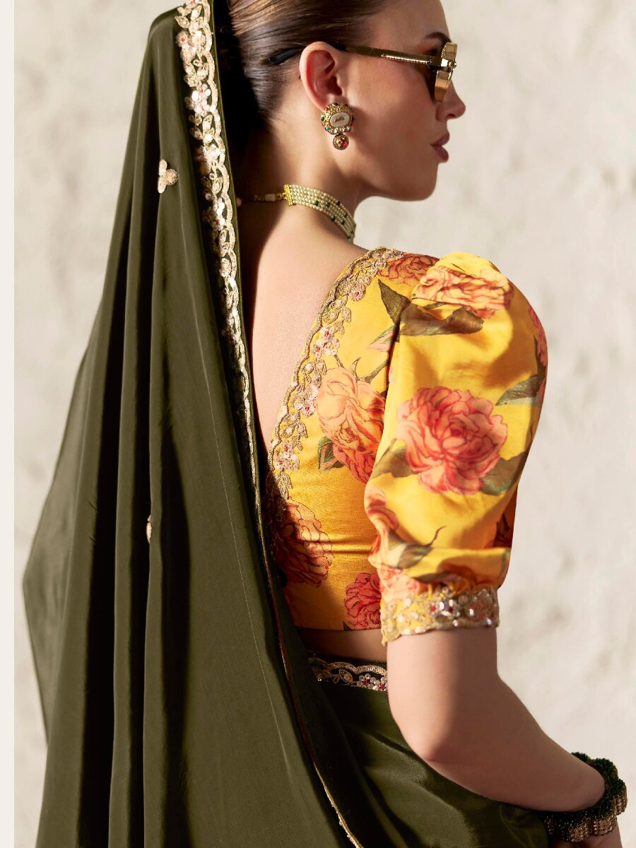 Mehendi Green Pure Fancy Tissue Silk Zari Sequins Wedding Reception Party Festival Heavy Border Sarees