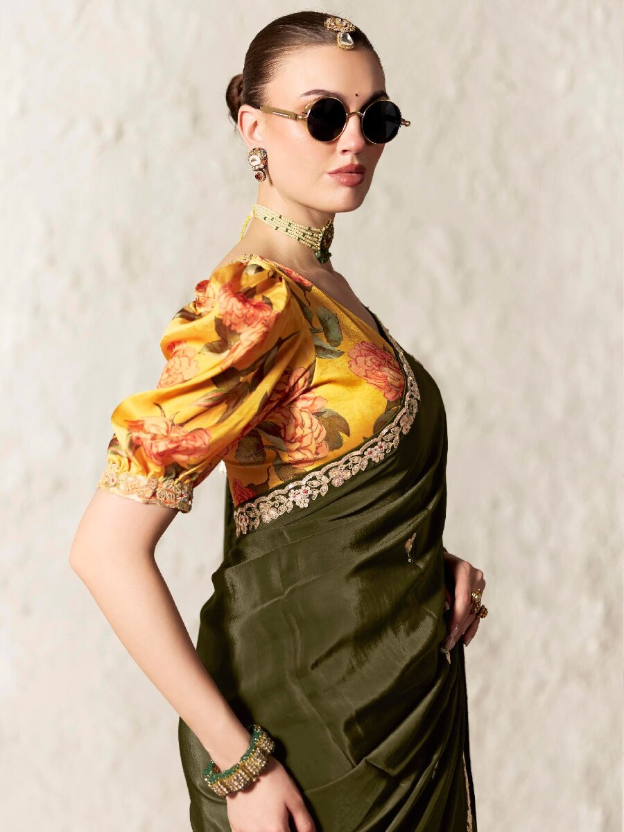 Mehendi Green Pure Fancy Tissue Silk Zari Sequins Wedding Reception Party Festival Heavy Border Sarees