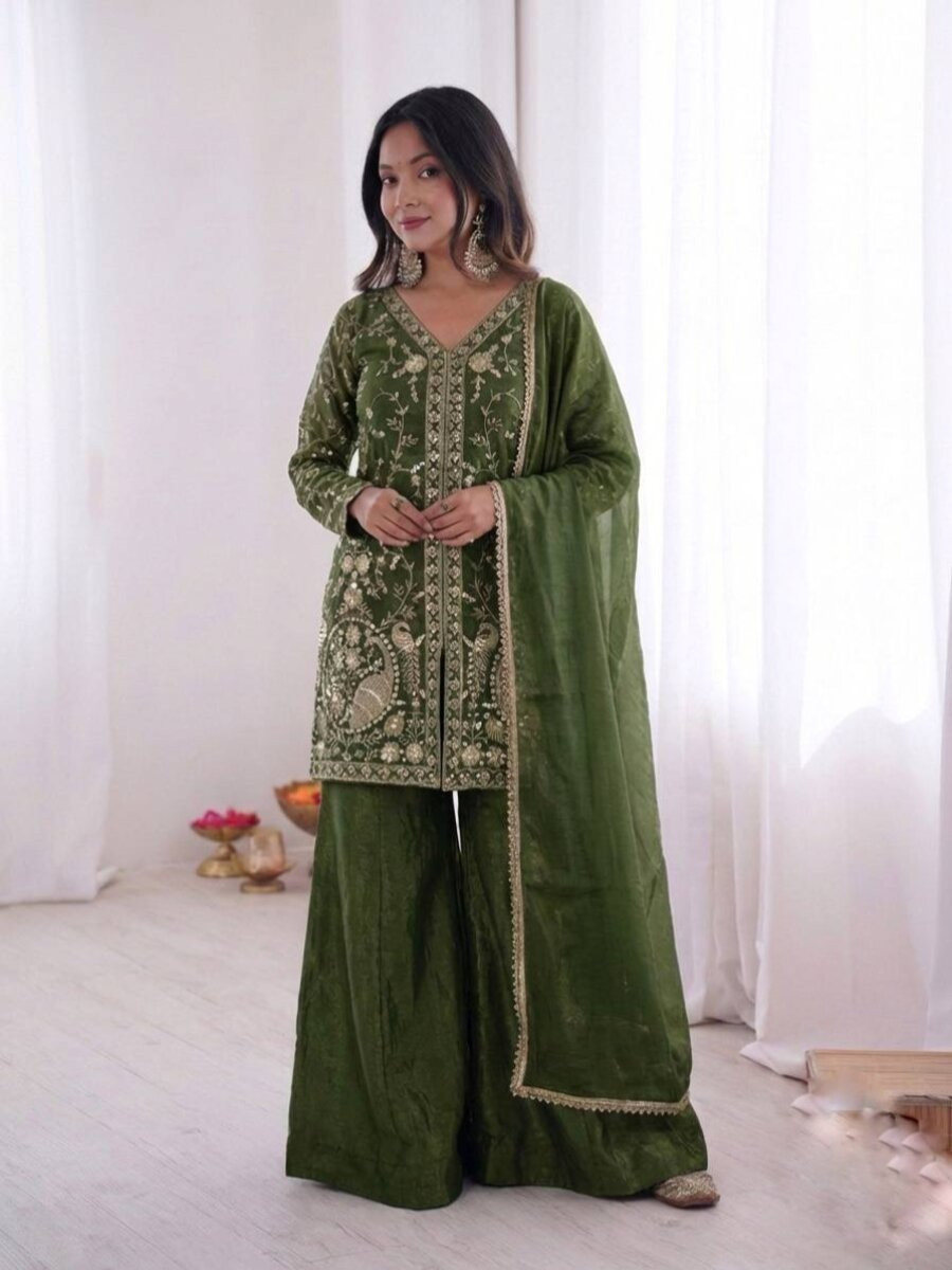 Mehendi Green Pure Fendy Silk Embroidery Sequins Wedding Party Festival Casual Ready Palazzo Pant Salwar Kameez