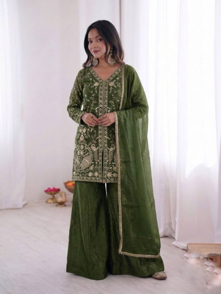 Image of Mehendi Green Pure Fendy Silk Embroidery Sequins Wedding Party Festival Casual Ready Palazzo Pant Salwar Kameez