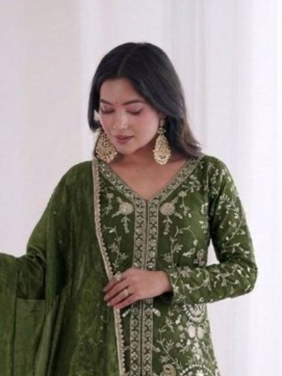 Mehendi Green Pure Fendy Silk Embroidery Sequins Wedding Party Festival Casual Ready Palazzo Pant Salwar Kameez