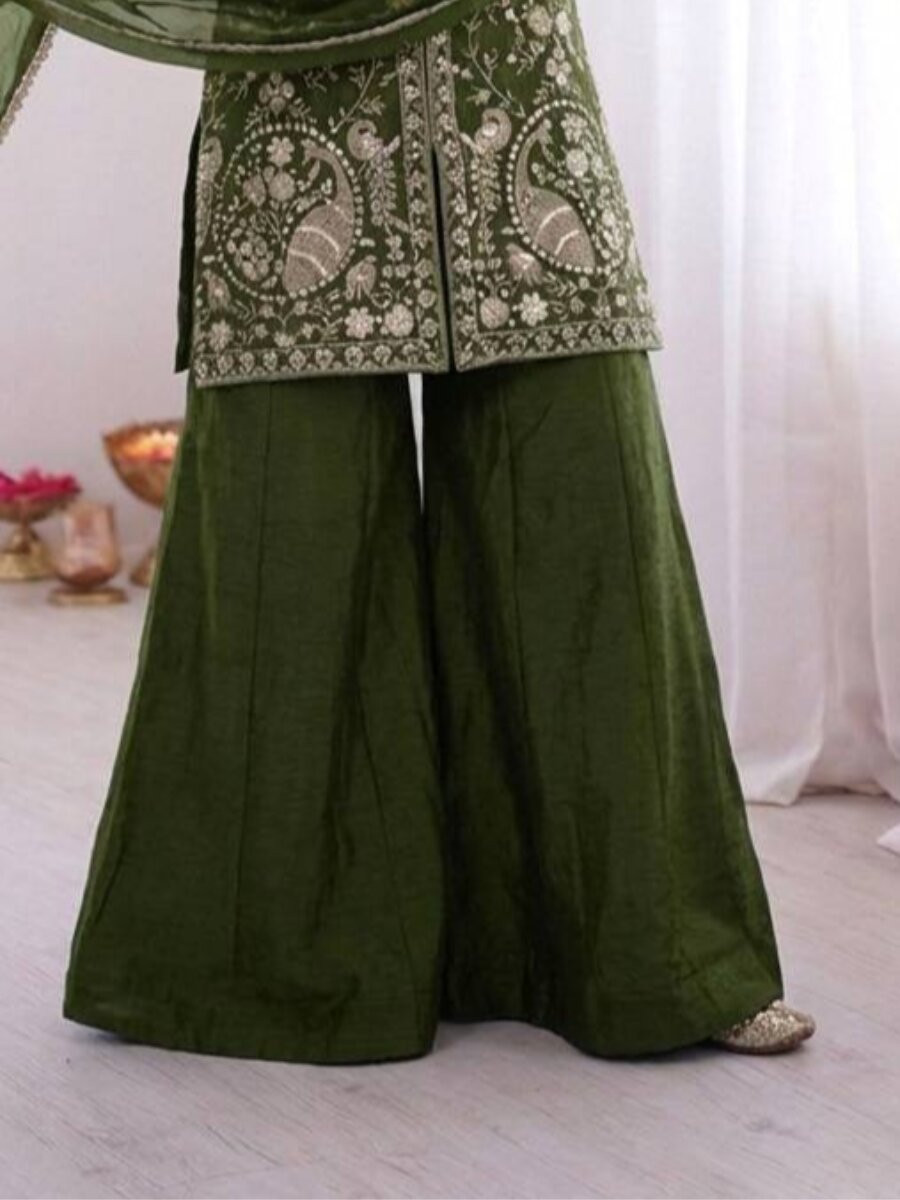 Mehendi Green Pure Fendy Silk Embroidery Sequins Wedding Party Festival Casual Ready Palazzo Pant Salwar Kameez