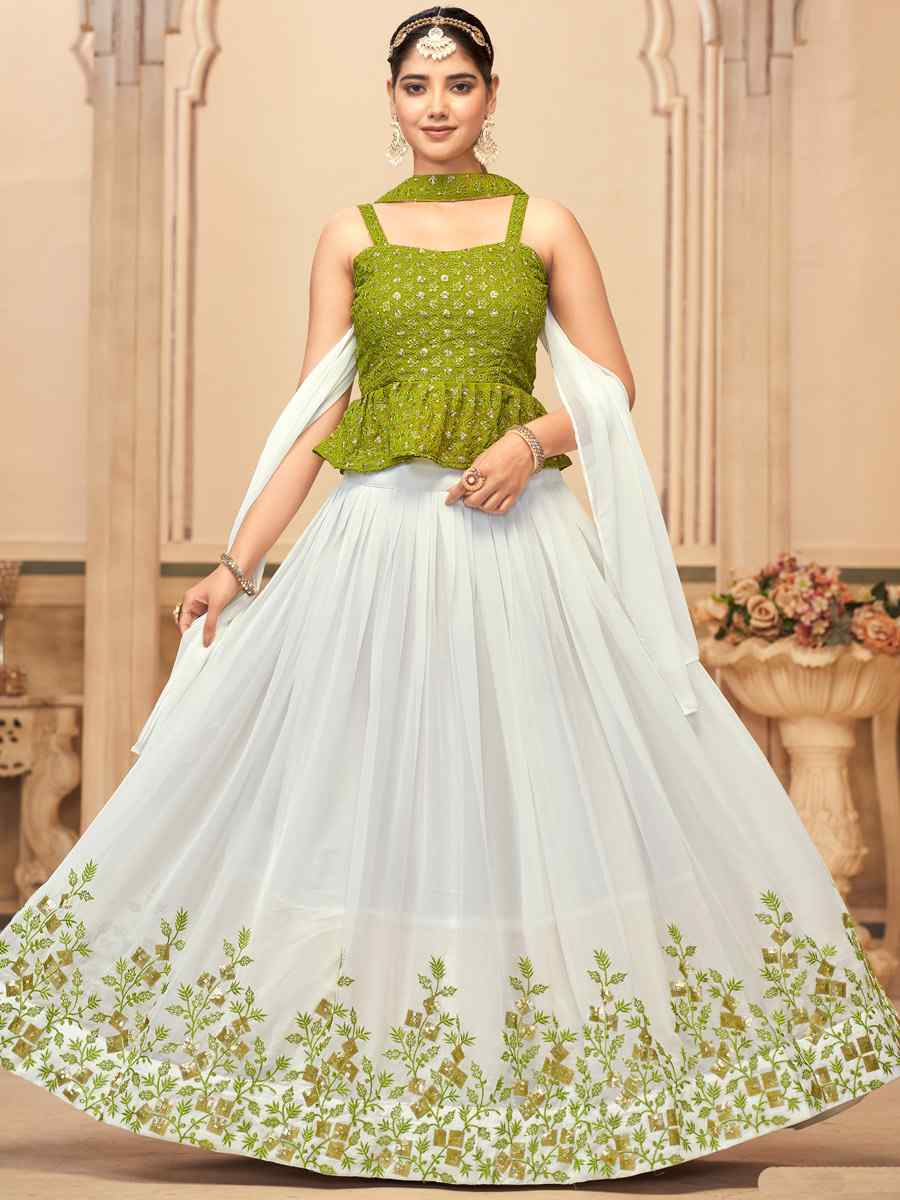 Mehendi Green Pure Georgette Embroidered Festival Party Wear Kurti Lehenga Choli