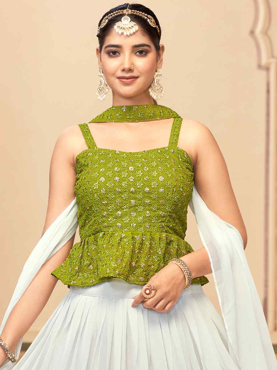 Mehendi Green Pure Georgette Embroidered Festival Party Wear Kurti Lehenga Choli