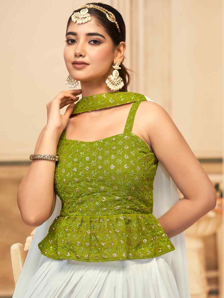 Mehendi Green Pure Georgette Embroidered Festival Party Wear Kurti Lehenga Choli