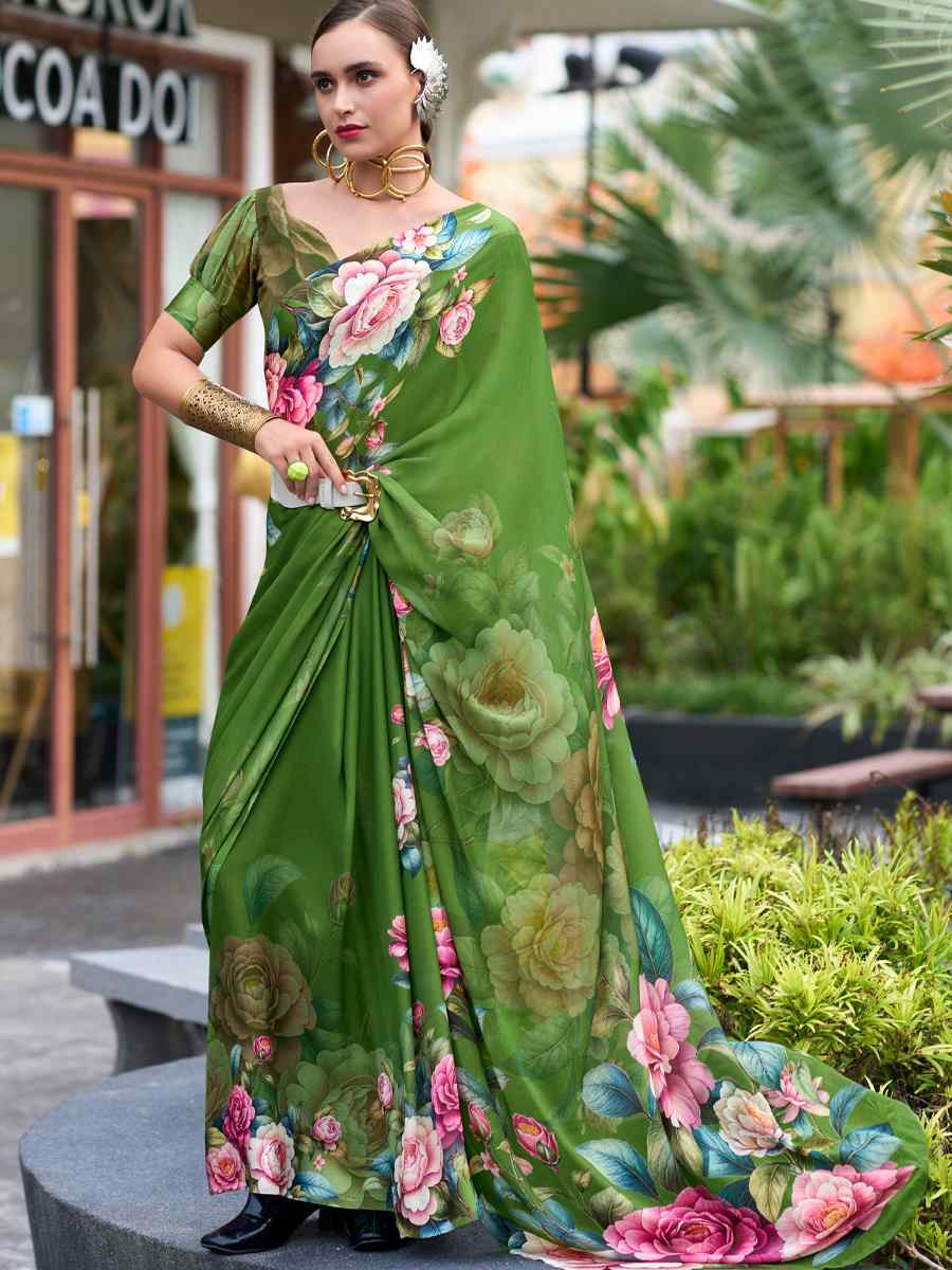 Mehendi Green Pure Georgette Printed Casual Festival Contemporary Saree