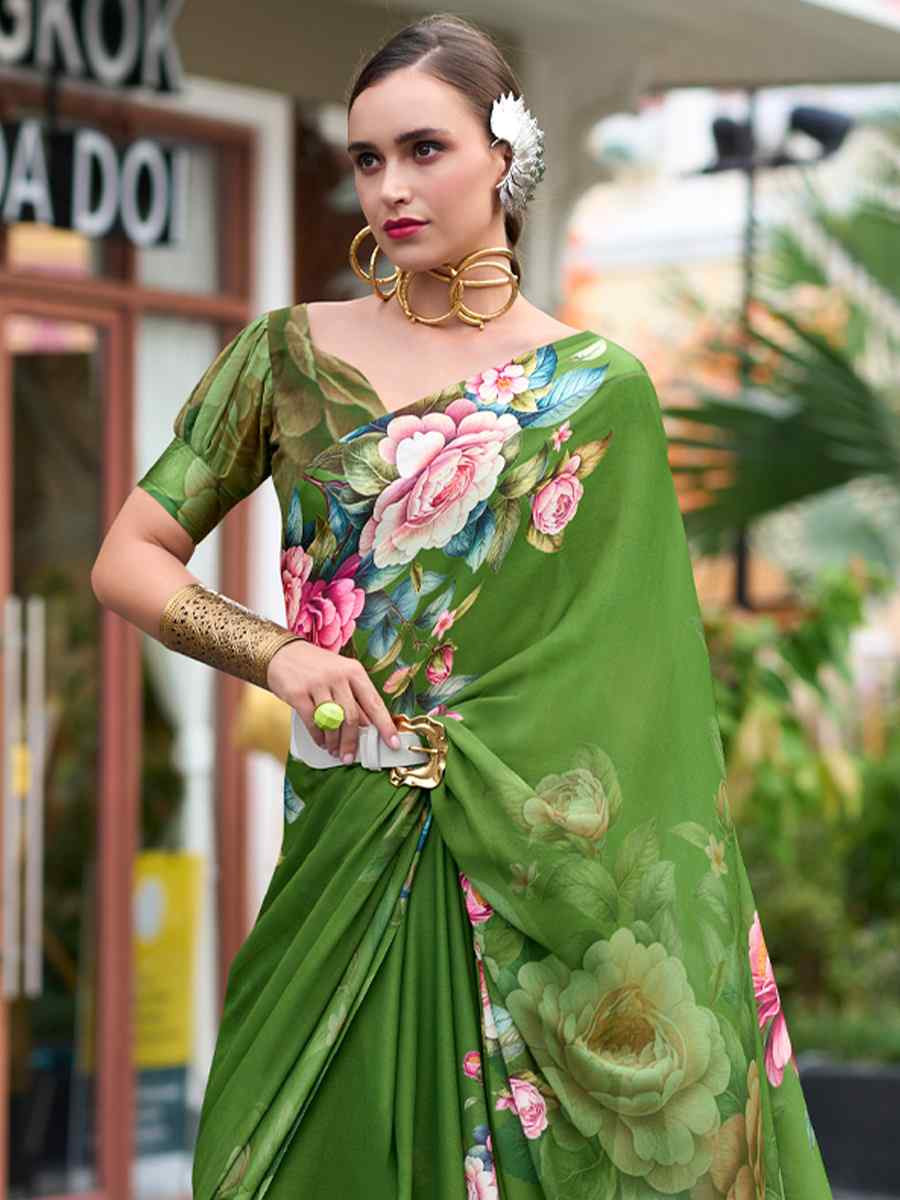 Mehendi Green Pure Georgette Printed Casual Festival Contemporary Saree