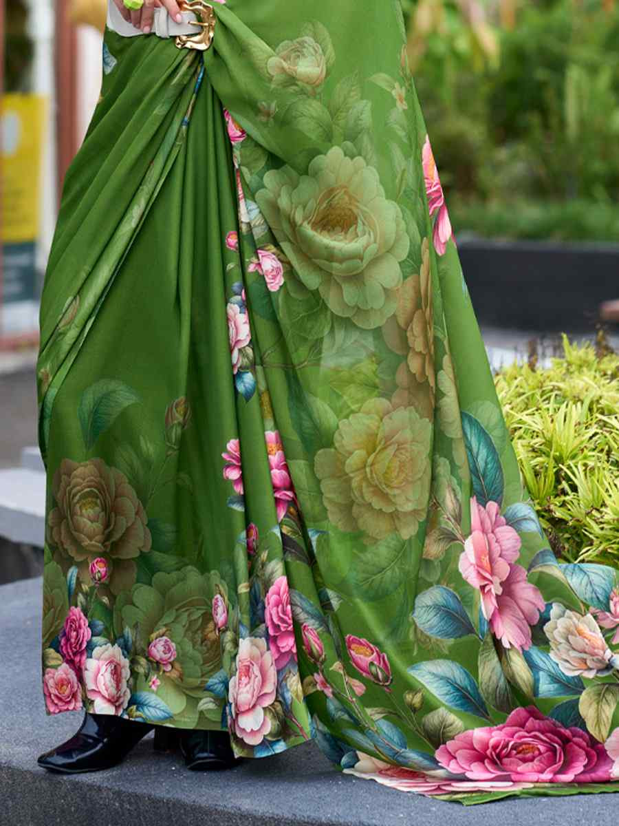 Mehendi Green Pure Georgette Printed Casual Festival Contemporary Saree