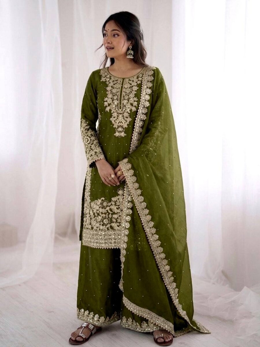 Mehendi Green Pure GMY Silk Embroidery Sequins Stone Zari Wedding Party Festival Mehendi Ready Palazzo Pant Salwar Kameez