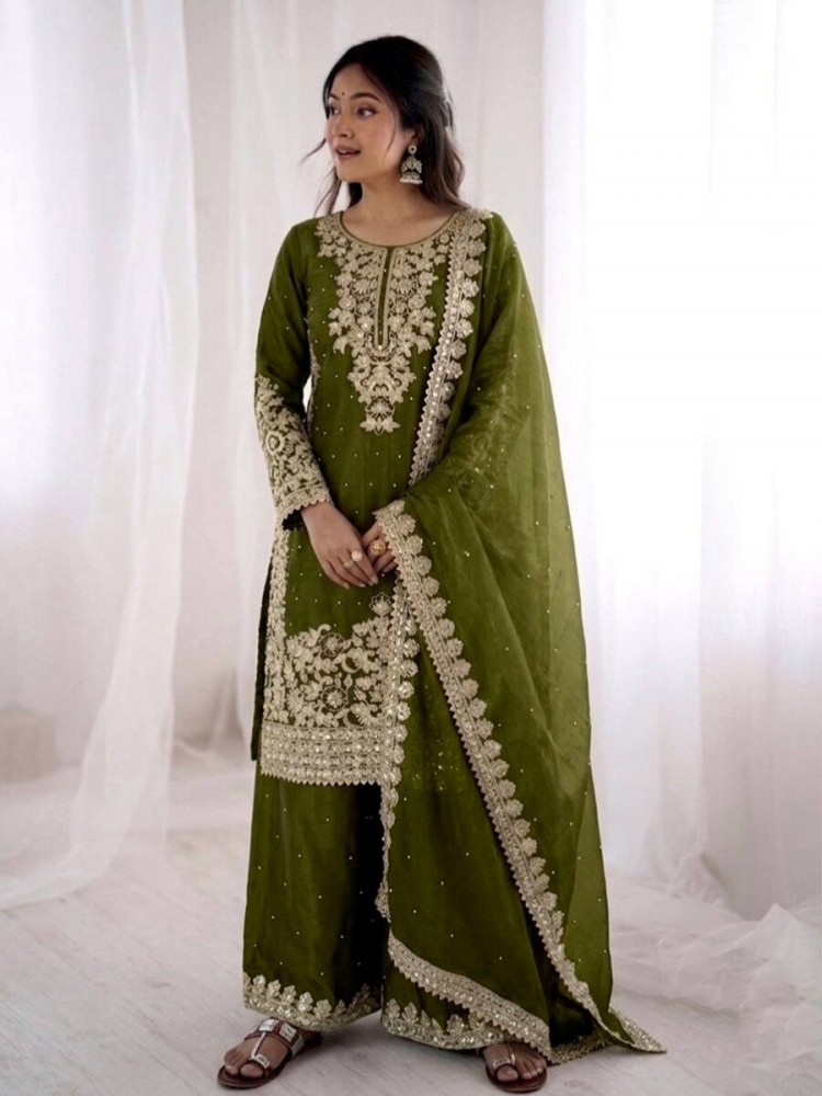 Image of Mehendi Green Pure GMY Silk Embroidery Sequins Stone Zari Wedding Party Festival Mehendi Ready Palazzo Pant Salwar Kameez