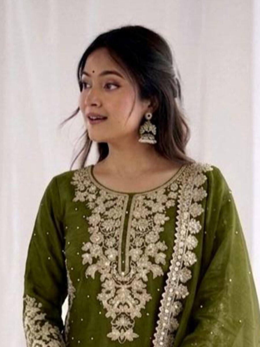 Mehendi Green Pure GMY Silk Embroidery Sequins Stone Zari Wedding Party Festival Mehendi Ready Palazzo Pant Salwar Kameez