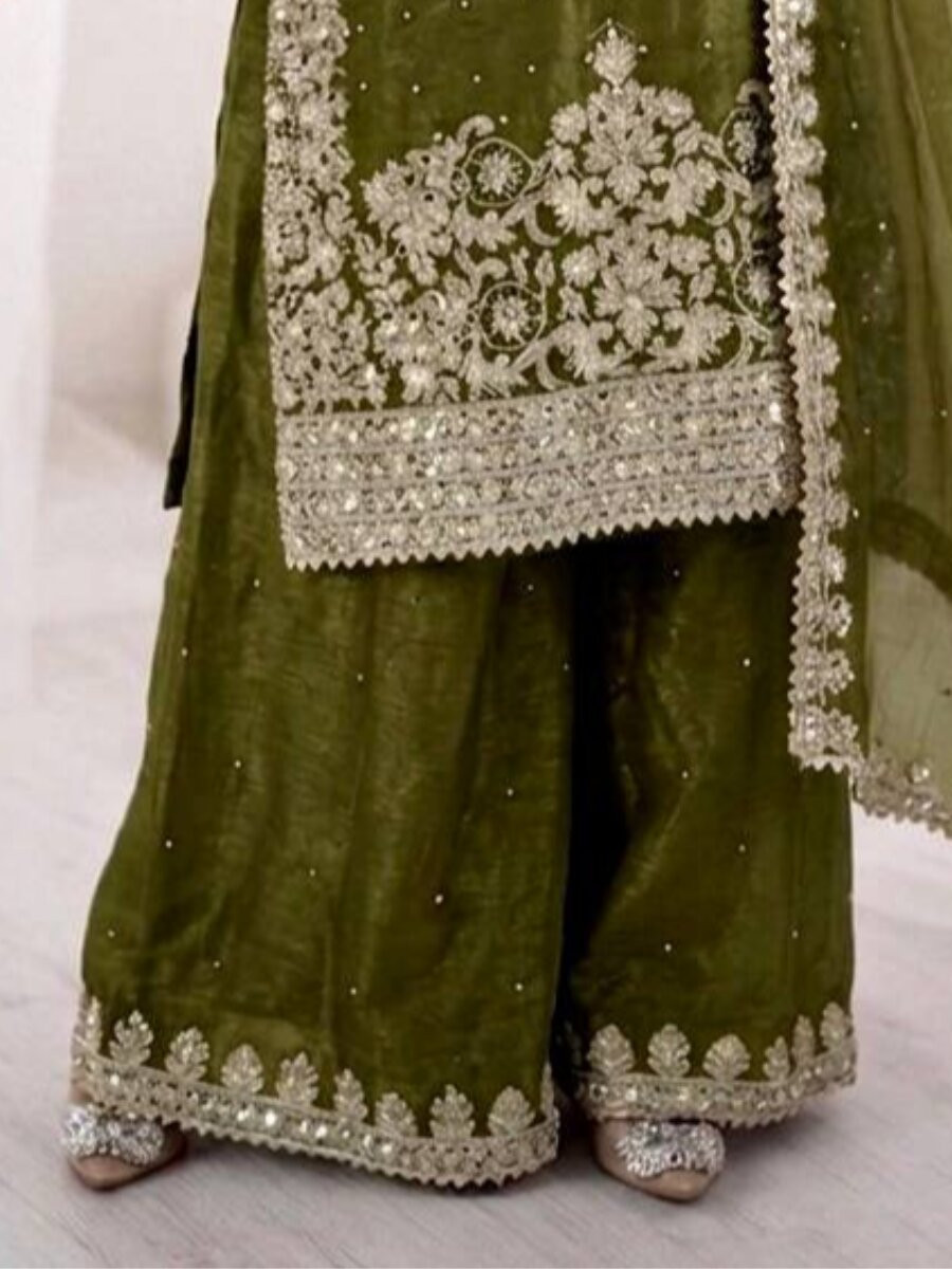 Mehendi Green Pure GMY Silk Embroidery Sequins Stone Zari Wedding Party Festival Mehendi Ready Palazzo Pant Salwar Kameez