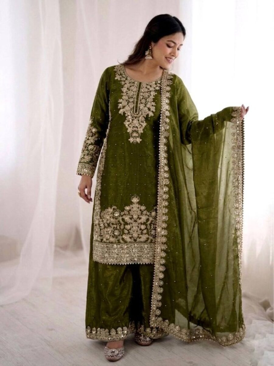 Mehendi Green Pure GMY Silk Embroidery Sequins Stone Zari Wedding Party Festival Mehendi Ready Palazzo Pant Salwar Kameez