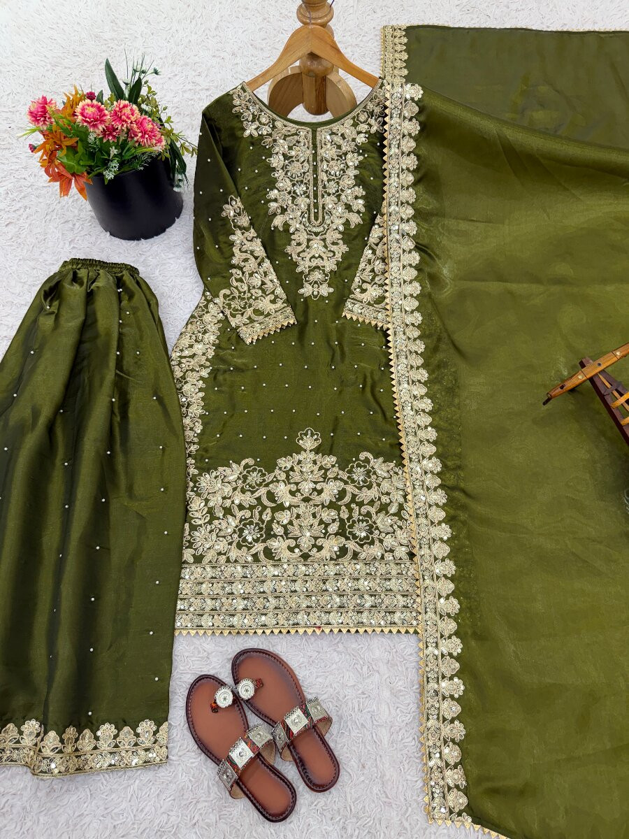 Mehendi Green Pure GMY Silk Embroidery Sequins Stone Zari Wedding Party Festival Mehendi Ready Palazzo Pant Salwar Kameez