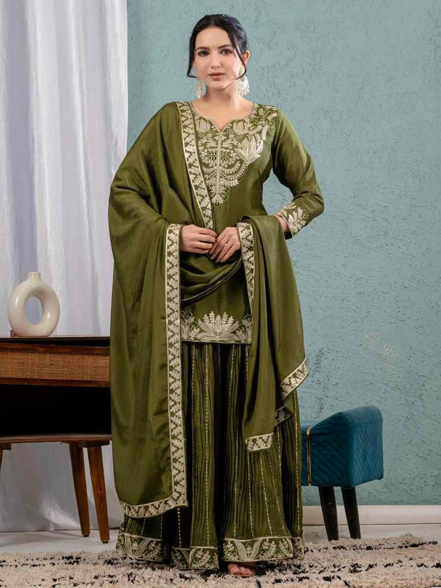 Mehendi Green Pure Heavy Chinnon Silk Embroidered Party Wedding Ready Sharara Salwar Kameez