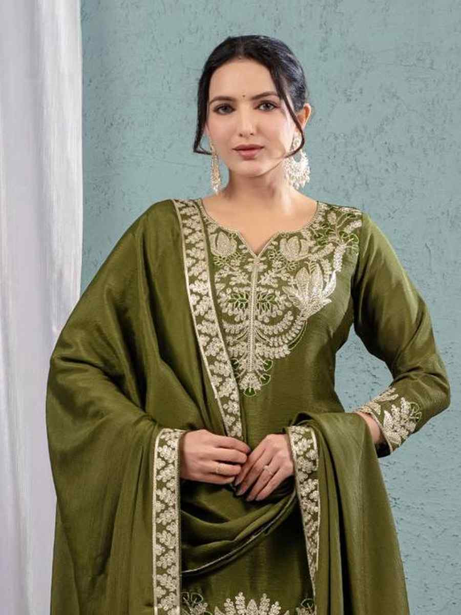 Mehendi Green Pure Heavy Chinnon Silk Embroidered Party Wedding Ready Sharara Salwar Kameez