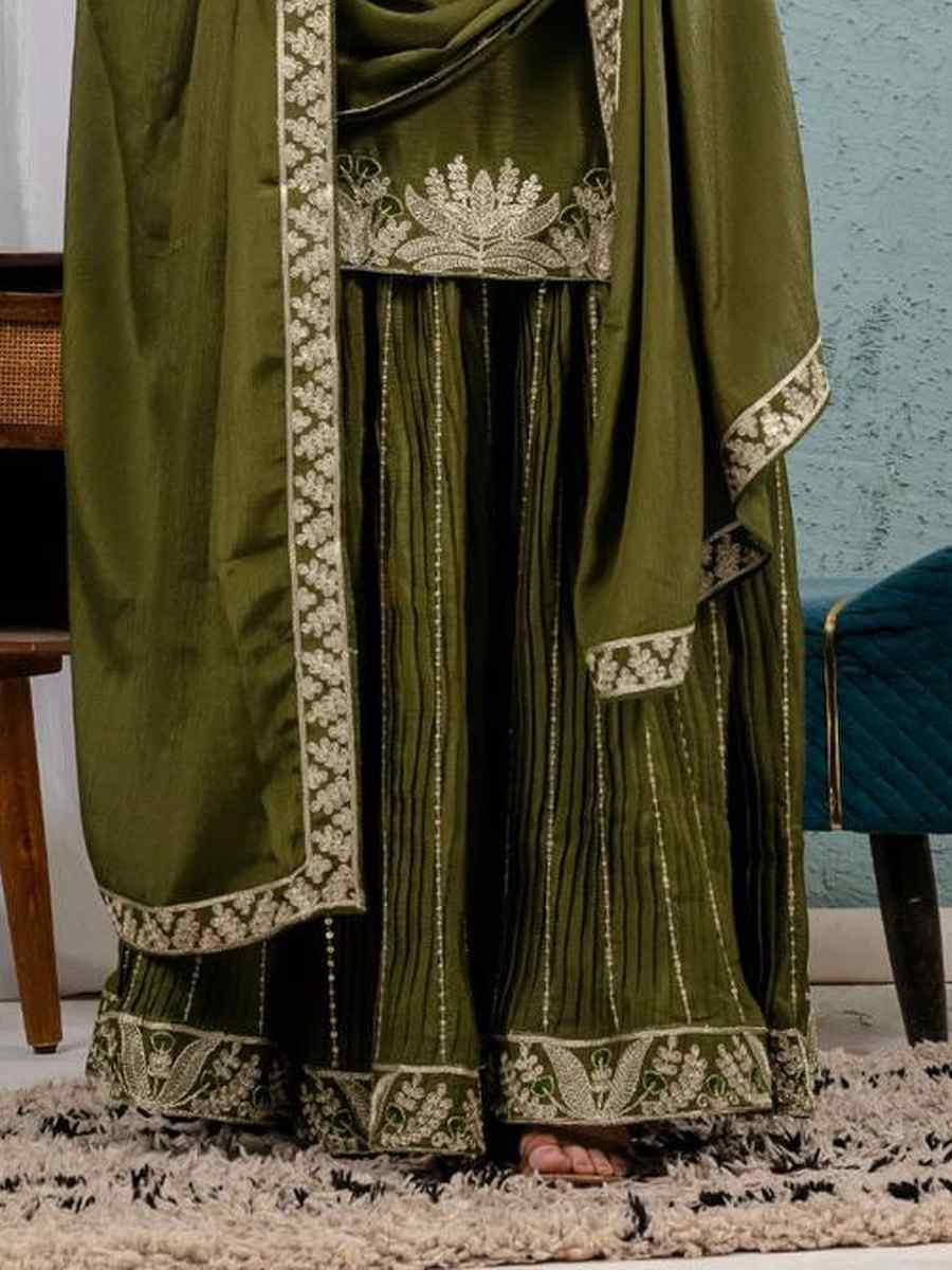 Mehendi Green Pure Heavy Chinnon Silk Embroidered Party Wedding Ready Sharara Salwar Kameez