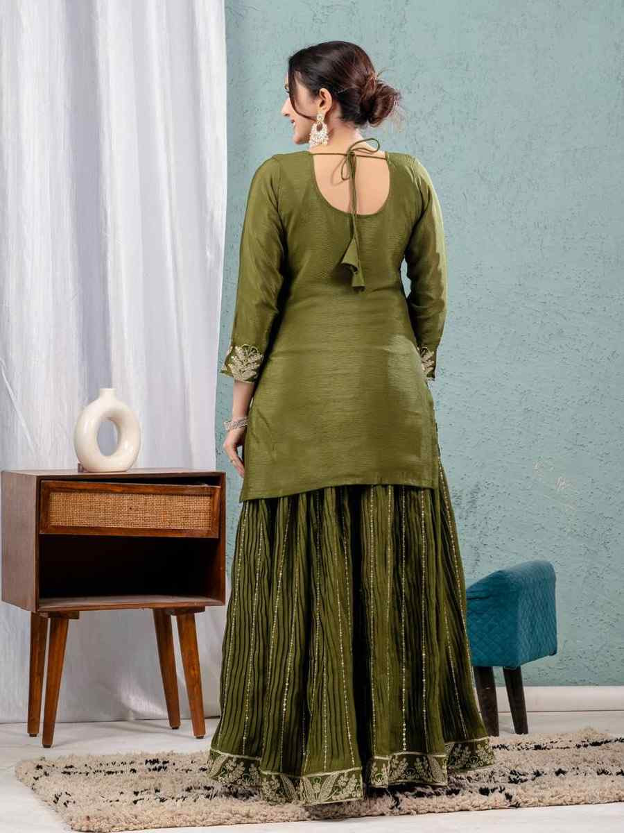 Mehendi Green Pure Heavy Chinnon Silk Embroidered Party Wedding Ready Sharara Salwar Kameez