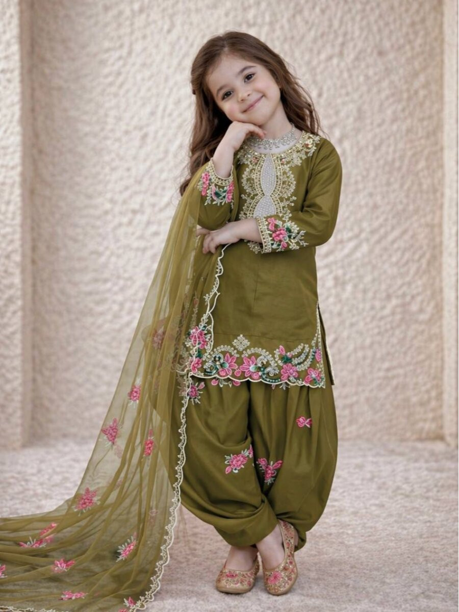 Mehendi Green Pure Heavy Natural Crepe Embroidered Sequins Ethnic Casual Festival Party Ready Salwars Girls Wear