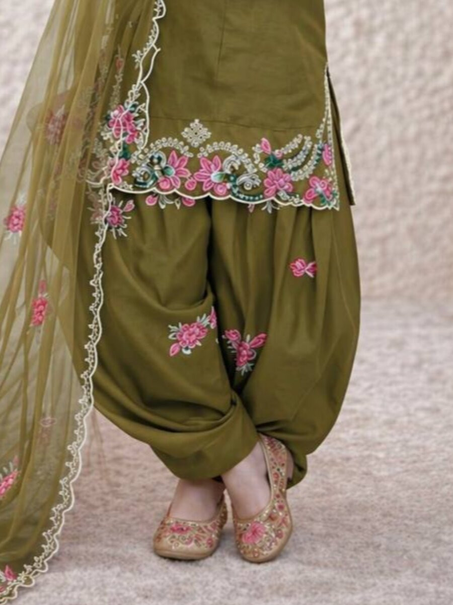 Mehendi Green Pure Heavy Natural Crepe Embroidered Sequins Ethnic Casual Festival Party Ready Salwars Girls Wear
