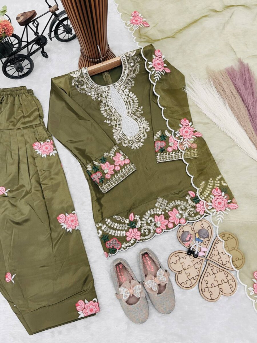 Mehendi Green Pure Heavy Natural Crepe Embroidered Sequins Ethnic Casual Festival Party Ready Salwars Girls Wear