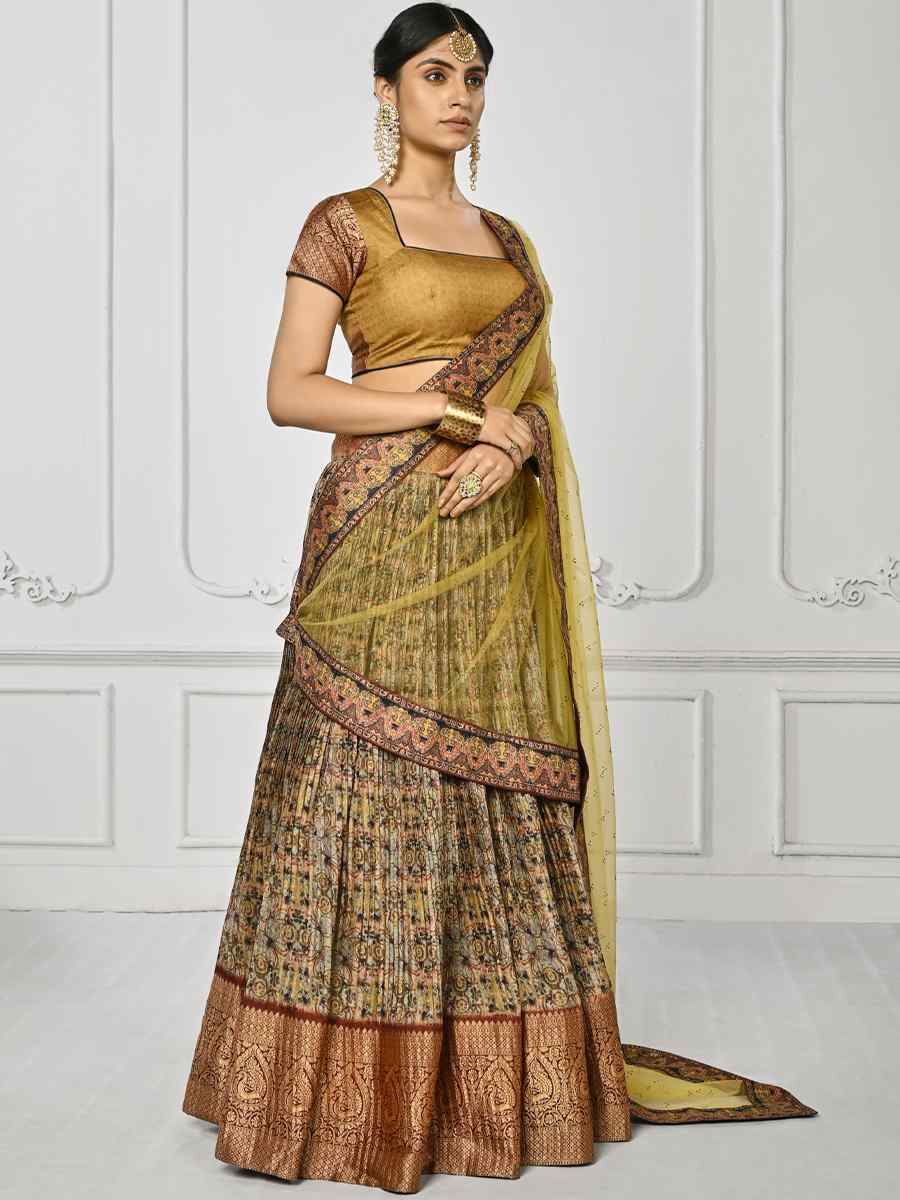 Mehendi Green Pure Silk Printed Mehendi Festival Circular Lehenga Choli