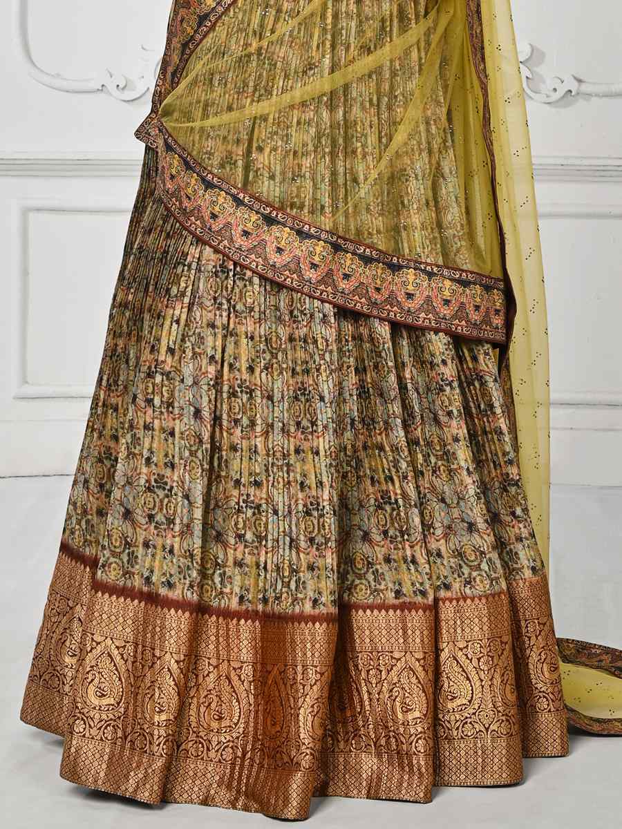 Mehendi Green Pure Silk Printed Mehendi Festival Circular Lehenga Choli