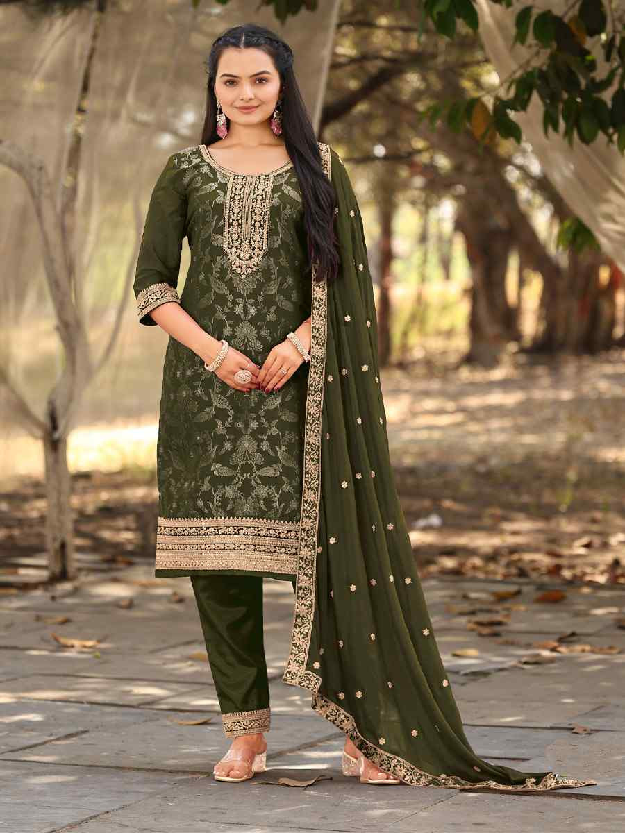 Mehendi Green Pure Viscose Jacquard Embroidery Party Wedding Festival Casual Ready Pant Salwar Kameez