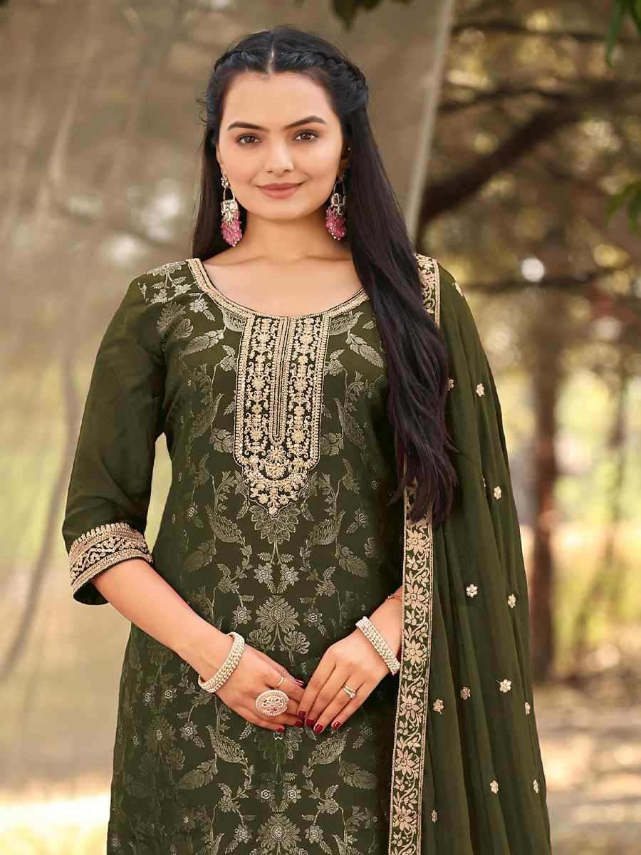 Mehendi Green Pure Viscose Jacquard Embroidery Party Wedding Festival Casual Ready Pant Salwar Kameez