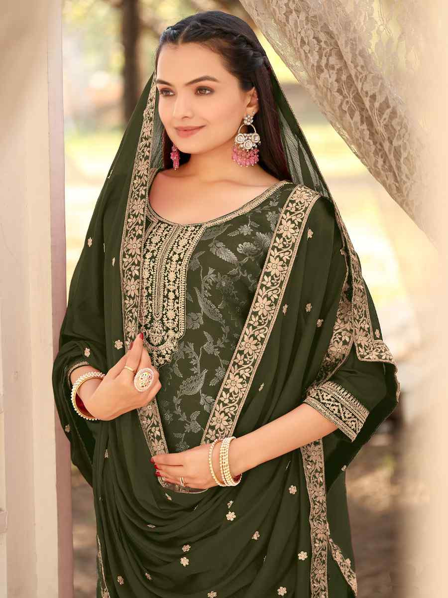Mehendi Green Pure Viscose Jacquard Embroidery Party Wedding Festival Casual Ready Pant Salwar Kameez