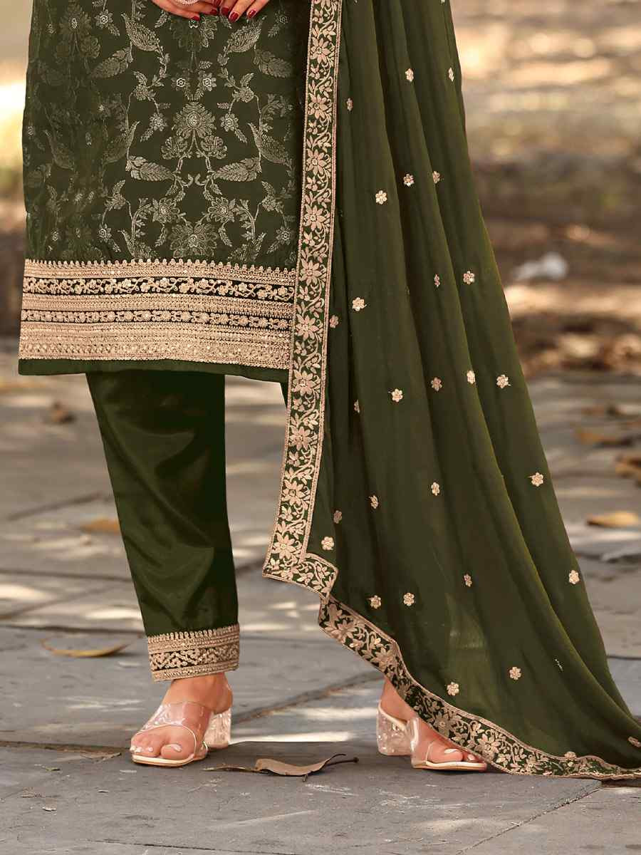 Mehendi Green Pure Viscose Jacquard Embroidery Party Wedding Festival Casual Ready Pant Salwar Kameez