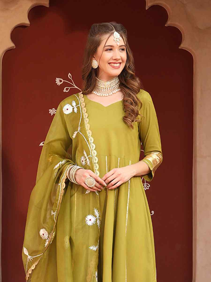 Mehendi Green Rayon Embroidered Festival Mehendi Ready Anarkali Salwar Kameez