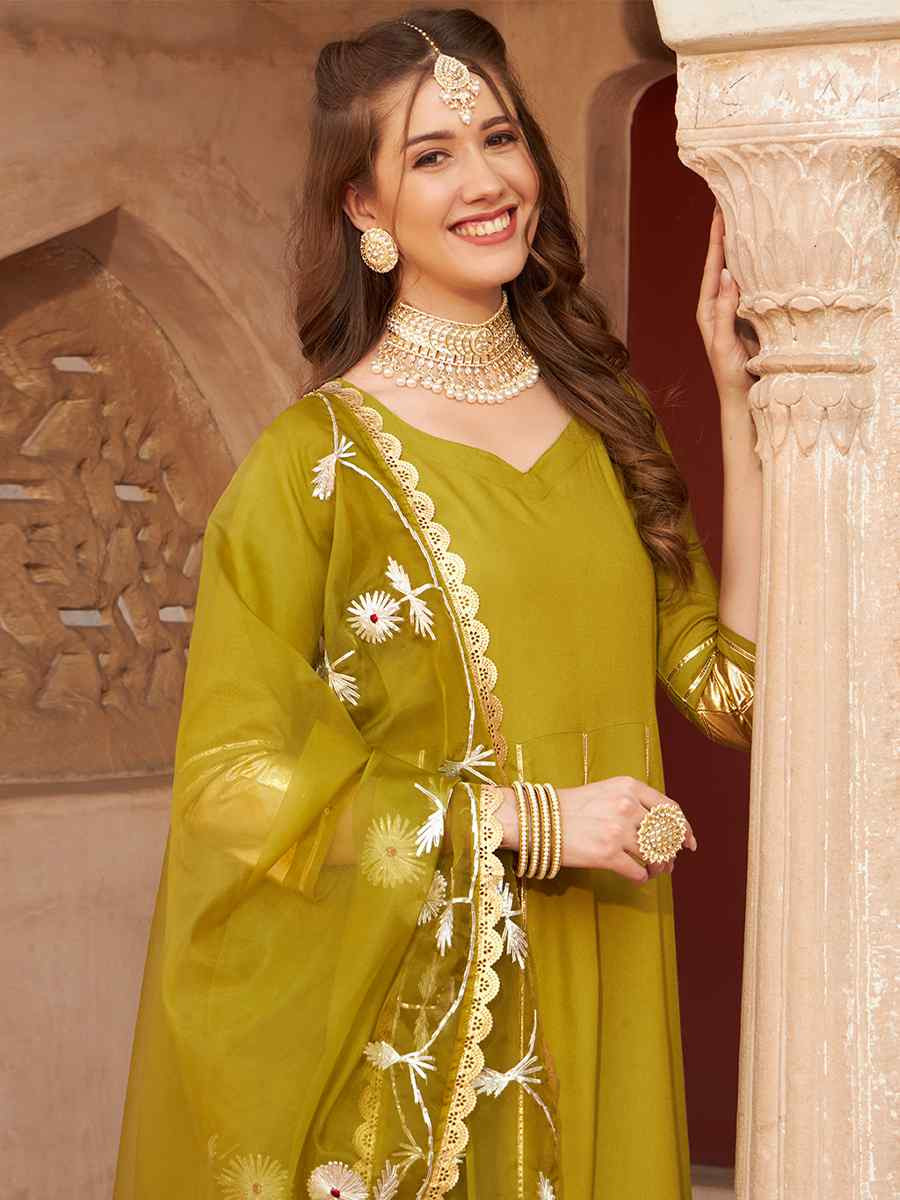 Mehendi Green Rayon Embroidered Festival Mehendi Ready Anarkali Salwar Kameez