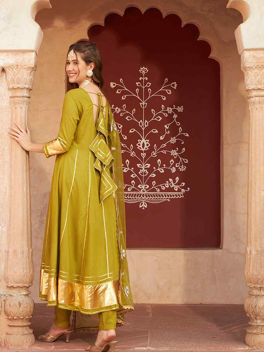 Mehendi Green Rayon Embroidered Festival Mehendi Ready Anarkali Salwar Kameez