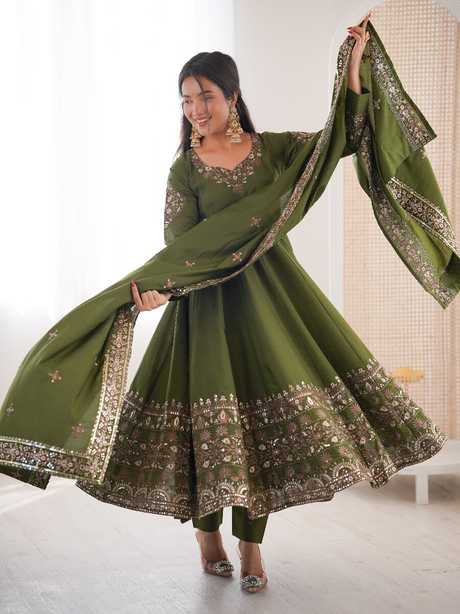 Mehendi Green Roman Silk Embroidery Sequins Wedding Party Festival Casual Ready Anarkali Salwar Kameez Pant Salwar Kameez