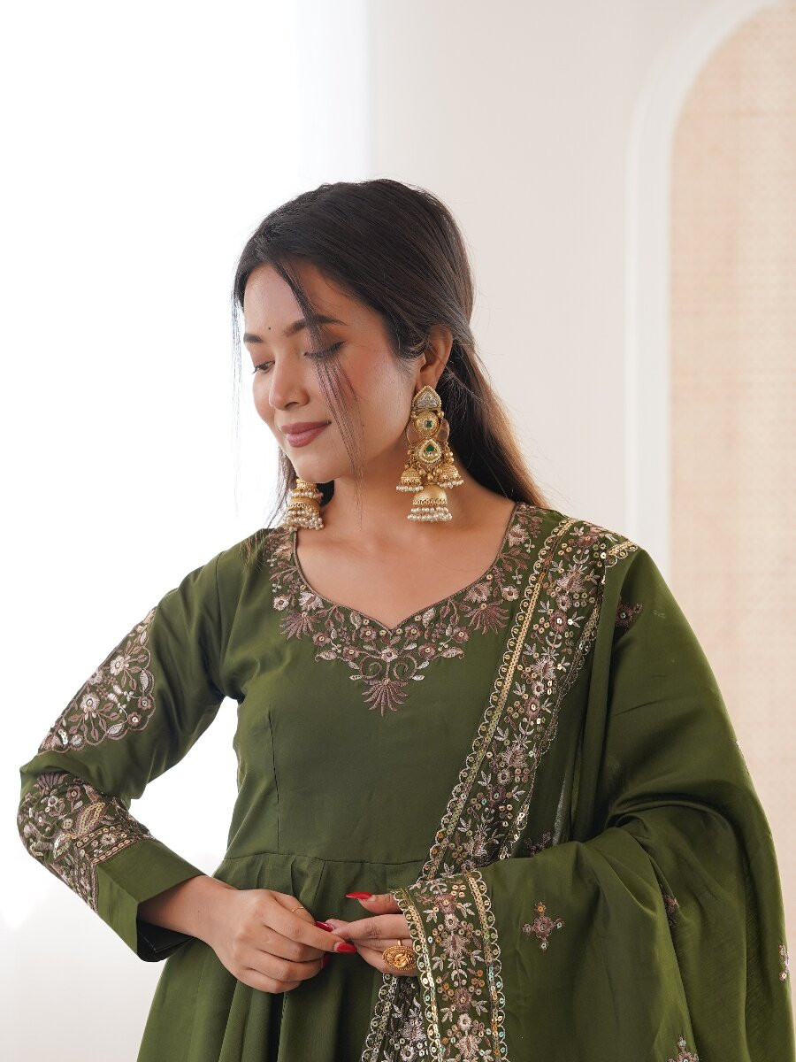 Mehendi Green Roman Silk Embroidery Sequins Wedding Party Festival Casual Ready Anarkali Salwar Kameez Pant Salwar Kameez