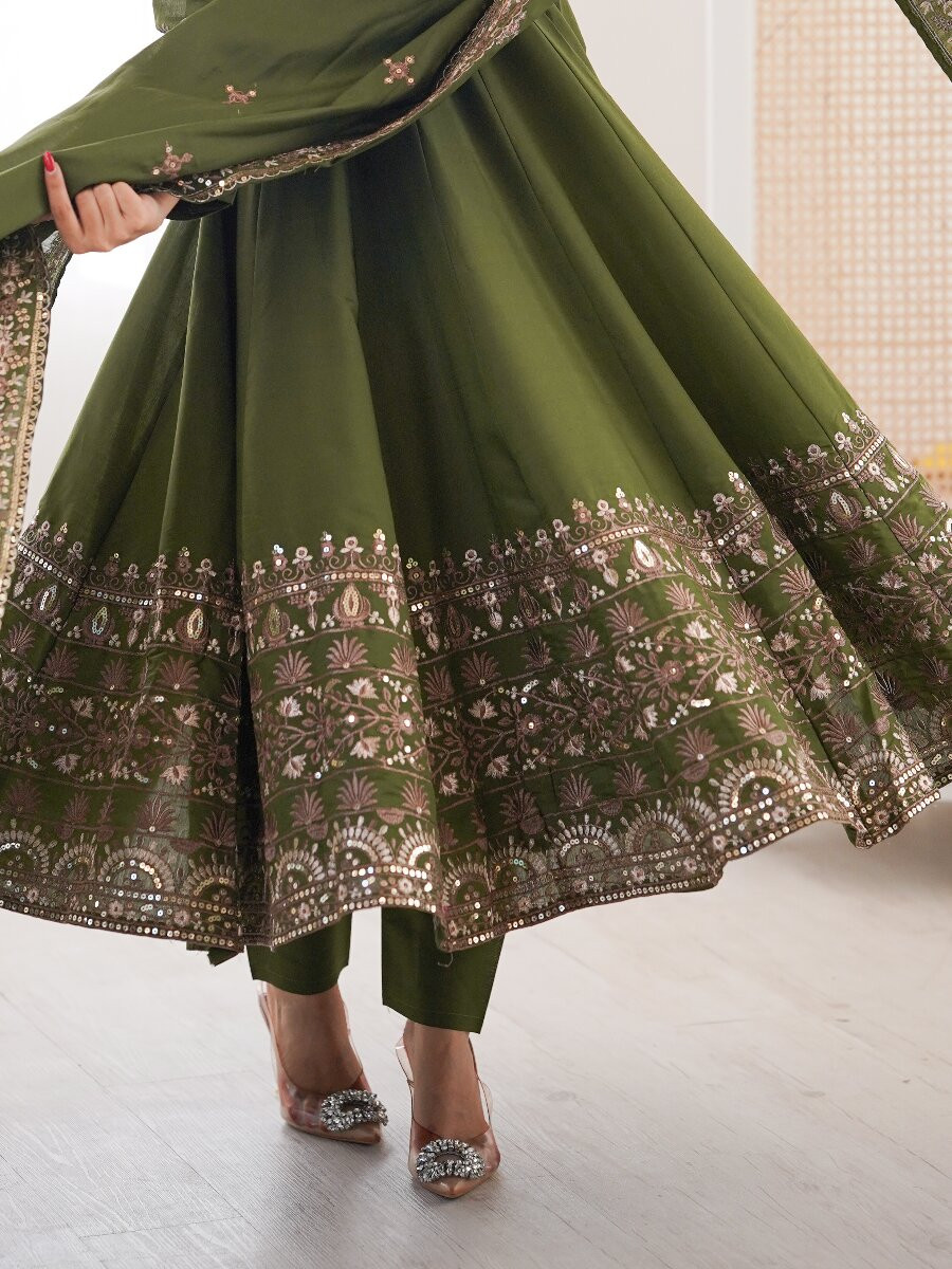 Mehendi Green Roman Silk Embroidery Sequins Wedding Party Festival Casual Ready Anarkali Salwar Kameez Pant Salwar Kameez
